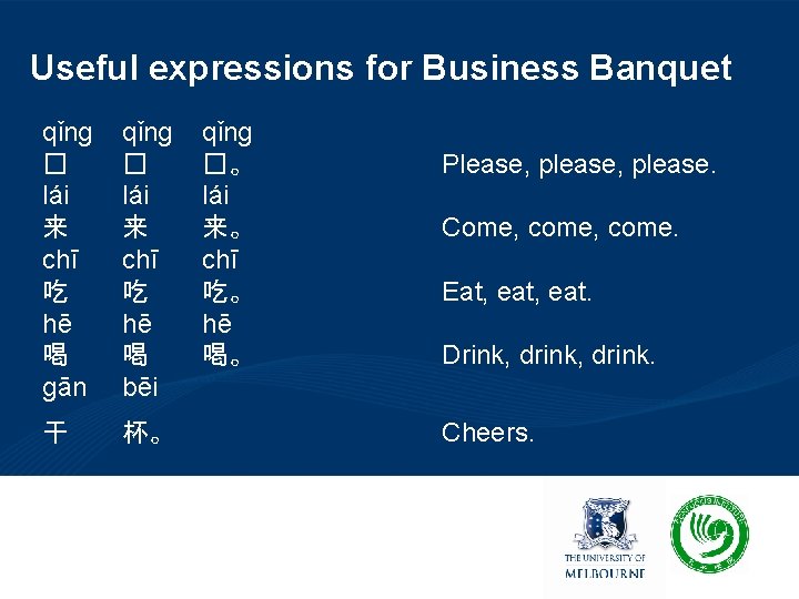 Useful expressions for Business Banquet qǐng � lái 来 chī 吃 hē 喝 gān