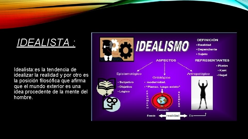 IDEALISTA : Idealista: es la tendencia de idealizar la realidad y por otro es