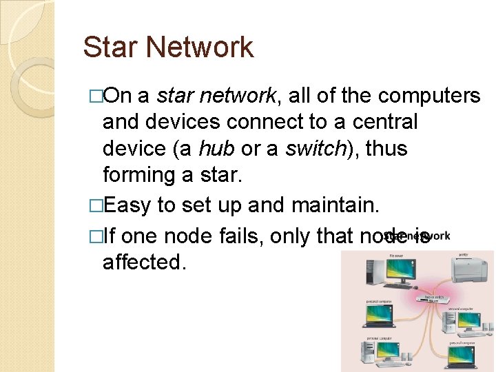 Star Network �On a star network, all of the computers and devices connect to