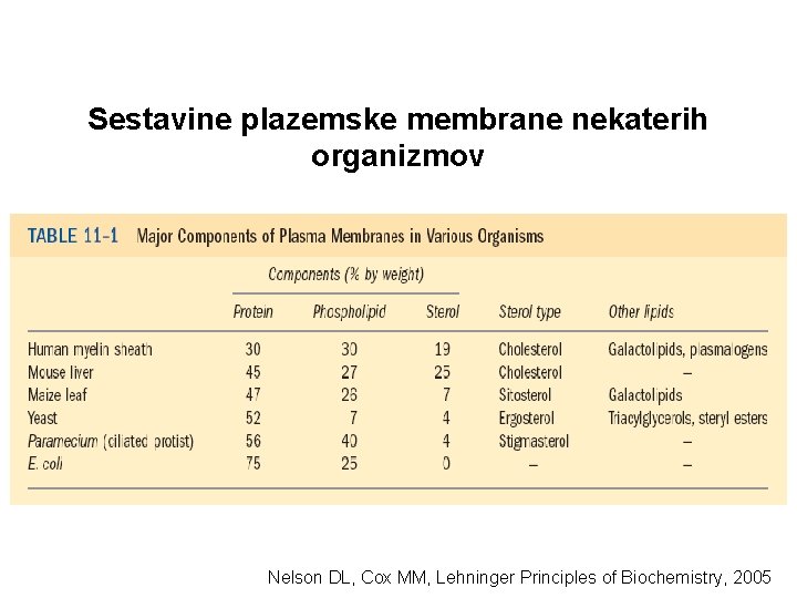 Sestavine plazemske membrane nekaterih organizmov Nelson DL, Cox MM, Lehninger Principles of Biochemistry, 2005