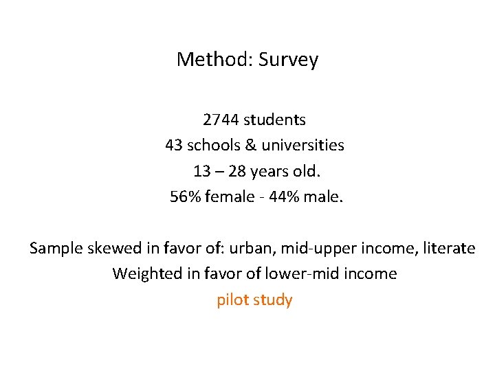 Method: Survey 2744 students 43 schools & universities 13 – 28 years old. 56%