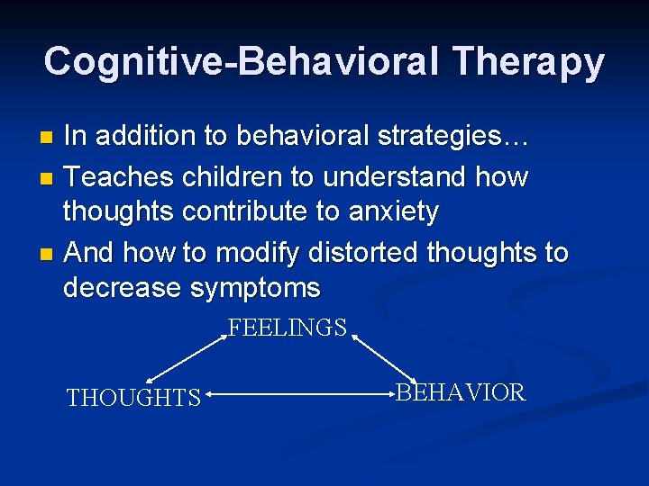Cognitive-Behavioral Therapy In addition to behavioral strategies… n Teaches children to understand how thoughts