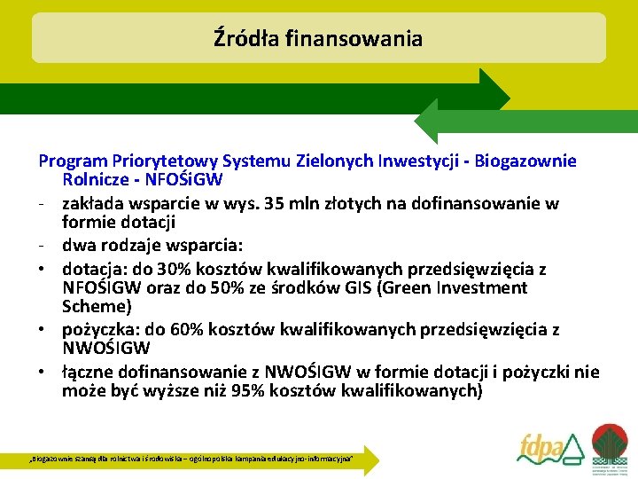 Źródła finansowania Program Priorytetowy Systemu Zielonych Inwestycji - Biogazownie Rolnicze - NFOŚi. GW -