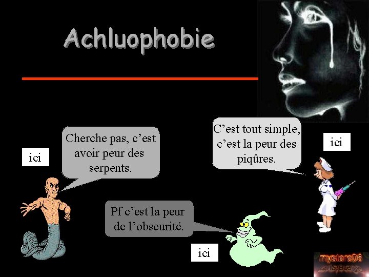 Achluophobie ici C’est tout simple, c’est la peur des piqûres. Cherche pas, c’est avoir