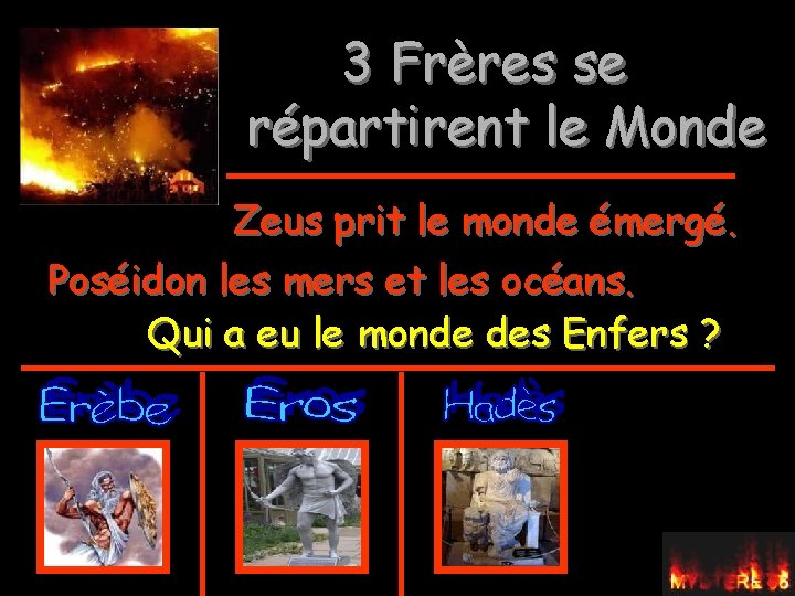 3 Frères se répartirent le Monde Zeus prit le monde émergé. Poséidon les mers