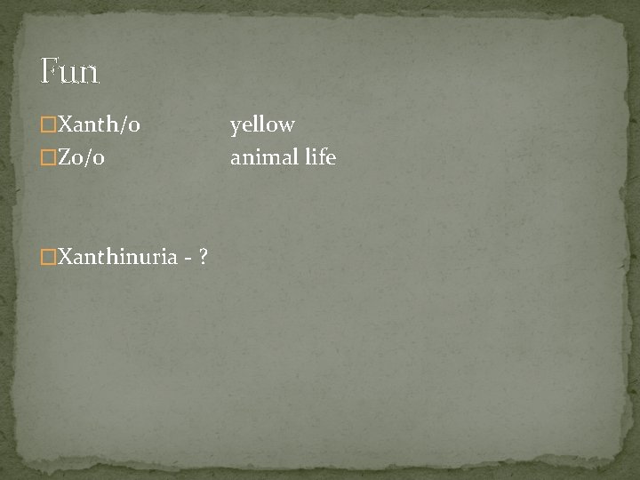 Fun �Xanth/o �Zo/o �Xanthinuria - ? yellow animal life 