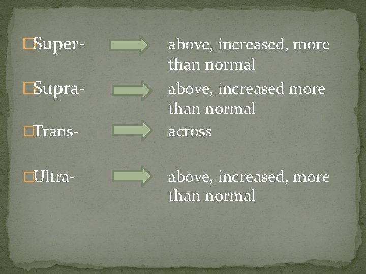 �Super- above, increased, more than normal �Supra- above, increased more than normal across �Trans�Ultra-