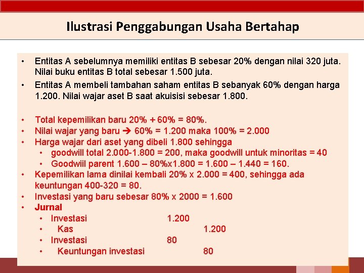 Ilustrasi Penggabungan Usaha Bertahap • • Entitas A sebelumnya memiliki entitas B sebesar 20%