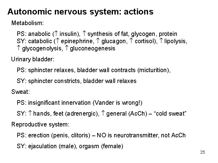 Autonomic nervous system: actions Metabolism: PS: anabolic ( insulin), synthesis of fat, glycogen, protein