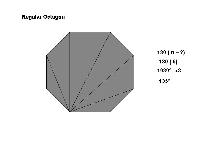 Regular Octagon 180 ( n – 2) 180 ( 6) 1080° 8 135° 