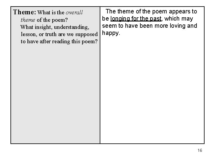 The theme of the poem appears to be longing for the past, which may The theme of the poem appears to be longing for the past, which may