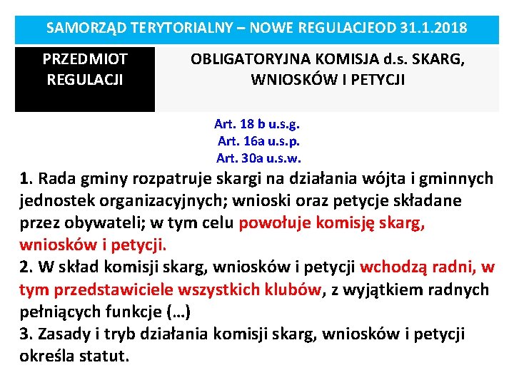 SAMORZĄD TERYTORIALNY – NOWE REGULACJEOD 31. 1. 2018 PRZEDMIOT REGULACJI OBLIGATORYJNA KOMISJA d. s.