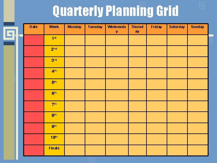 Quarterly Planning Grid Date Week 1 st 2 nd 3 rd 4 th 5