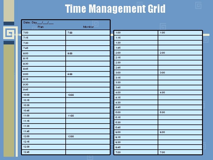 Time Management Grid Date: Day___/___ Plan 7: 00 Monitor 7: 00 1: 00 7: