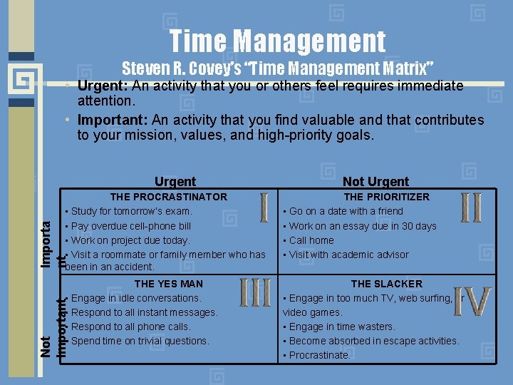 Time Management Steven R. Covey’s “Time Management Matrix” • Urgent: An activity that you