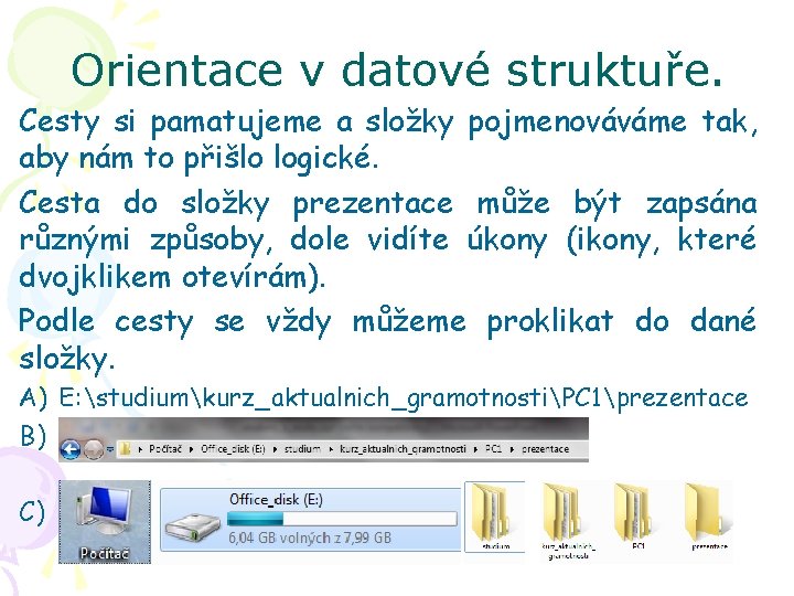 Orientace v datové struktuře. Cesty si pamatujeme a složky pojmenováváme tak, aby nám to