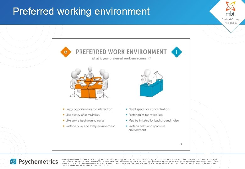 Preferred working environment Virtual Group Feedback © Copyright 2008, 2009, 2011, 2018 The Myers-Briggs