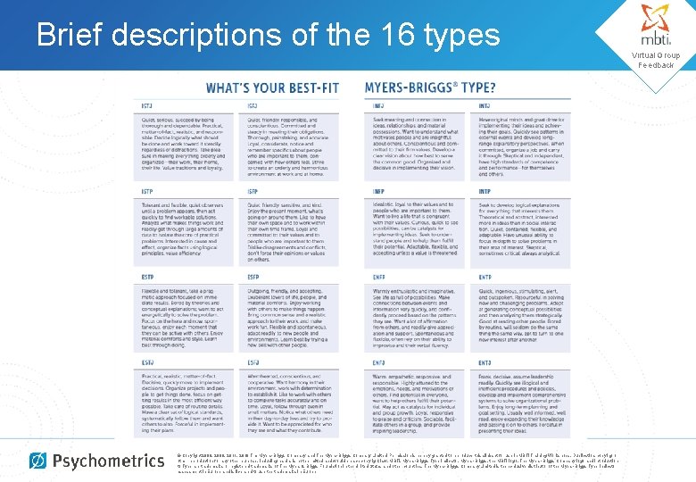 Brief descriptions of the 16 types © Copyright 2008, 2009, 2011, 2018 The Myers-Briggs