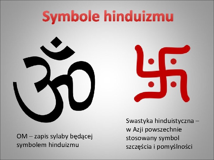 Symbole hinduizmu OM – zapis sylaby będącej symbolem hinduizmu Swastyka hinduistyczna – w Azji