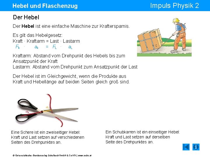 Impuls Physik 2 Hebel und Flaschenzug Der Hebel ist eine einfache Maschine zur Kraftersparnis.