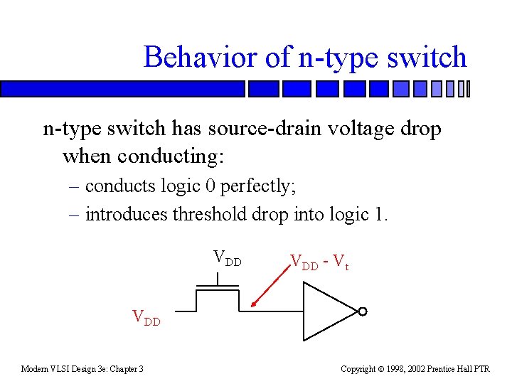 Behavior of n-type switch has source-drain voltage drop when conducting: – conducts logic 0