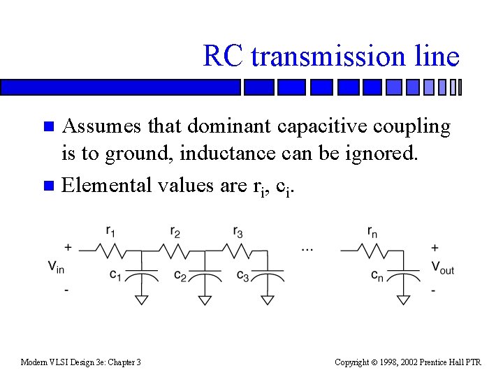RC transmission line Assumes that dominant capacitive coupling is to ground, inductance can be