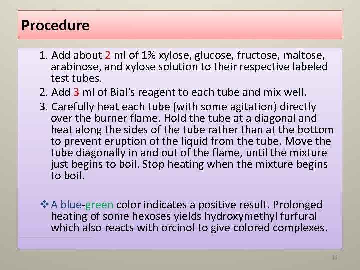 Procedure 1. Add about 2 ml of 1% xylose, glucose, fructose, maltose, arabinose, and