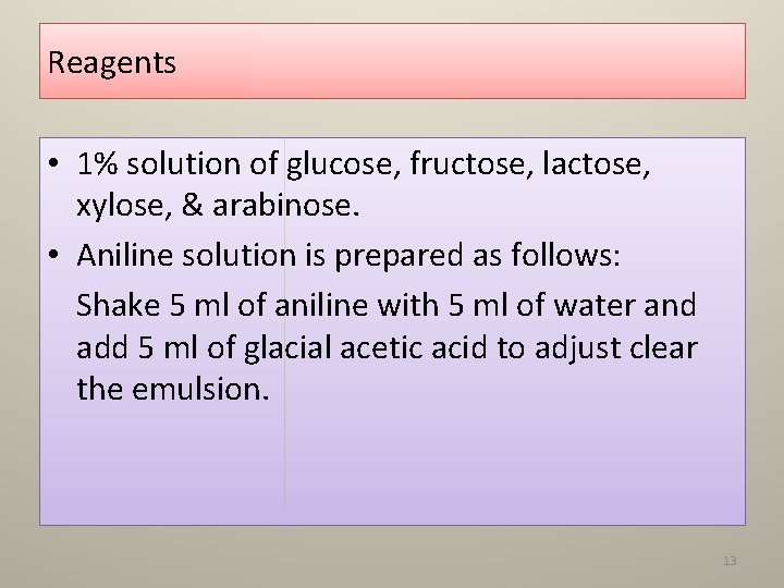 Reagents • 1% solution of glucose, fructose, lactose, xylose, & arabinose. • Aniline solution