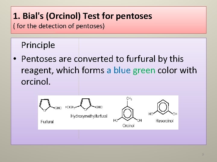 1. Bial's (Orcinol) Test for pentoses ( for the detection of pentoses) Principle •