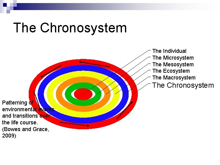The Chronosystem The Individual The Microsystem The Mesosystem The Ecosystem The Macrosystem The Chronosystem