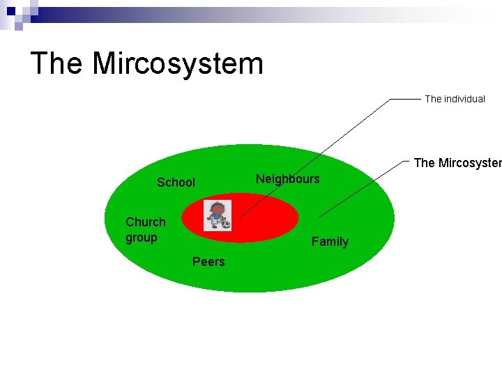 The Mircosystem The individual The Mircosystem School Church group Neighbours Family Peers 
