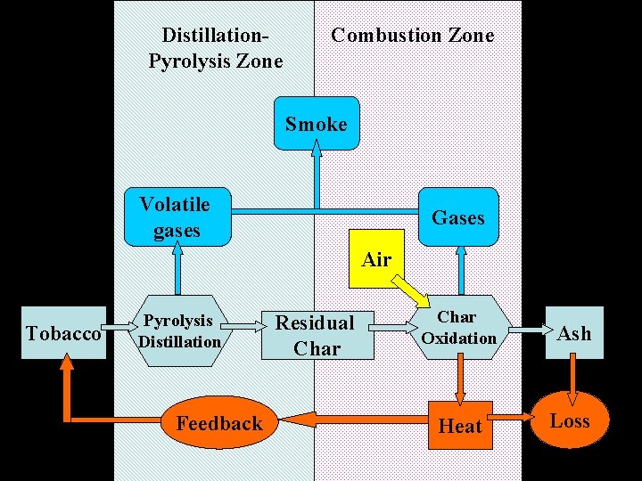 Distillation. Pyrolysis Zone Combustion Zone Smoke Volatile gases Gases Air Tobacco Pyrolysis Distillation Feedback