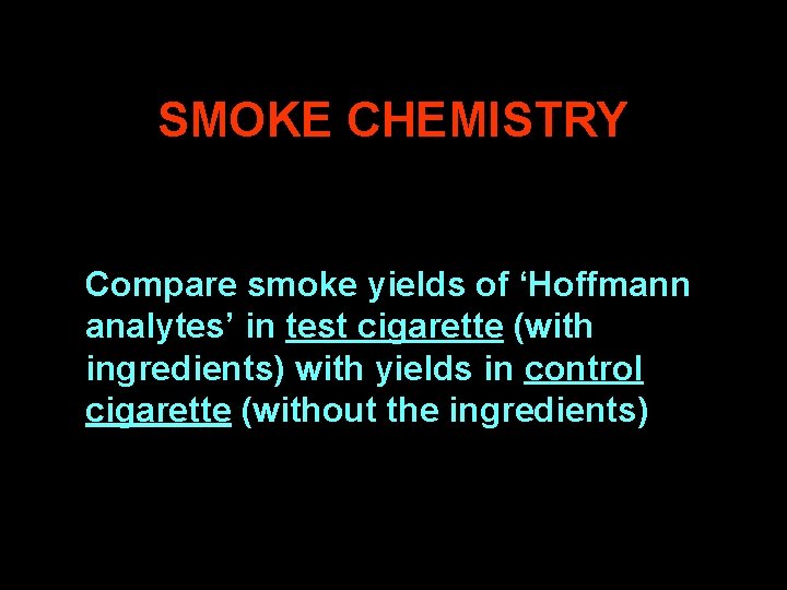 SMOKE CHEMISTRY Compare smoke yields of ‘Hoffmann analytes’ in test cigarette (with ingredients) with