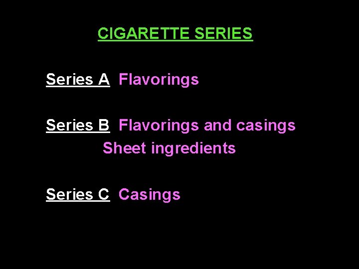 CIGARETTE SERIES Series A Flavorings Series B Flavorings and casings Sheet ingredients Series C