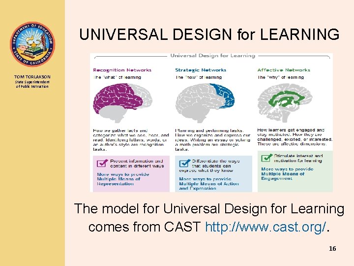 UNIVERSAL DESIGN for LEARNING TOM TORLAKSON State Superintendent of Public Instruction The model for