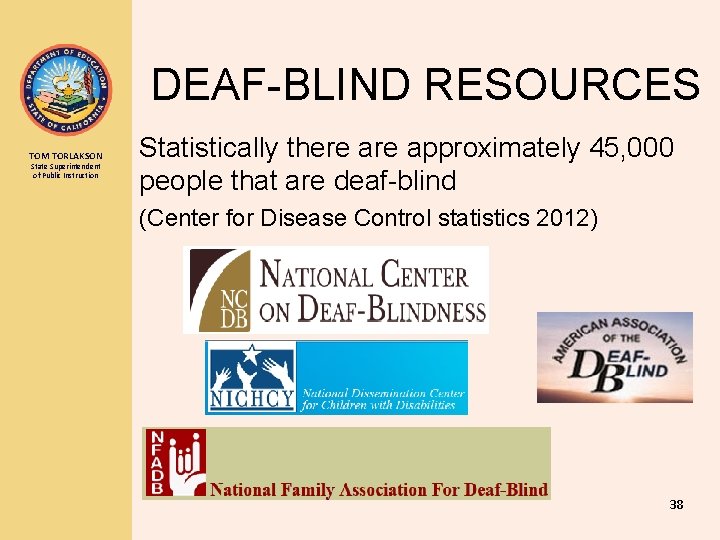 DEAF-BLIND RESOURCES TOM TORLAKSON State Superintendent of Public Instruction Statistically there approximately 45, 000
