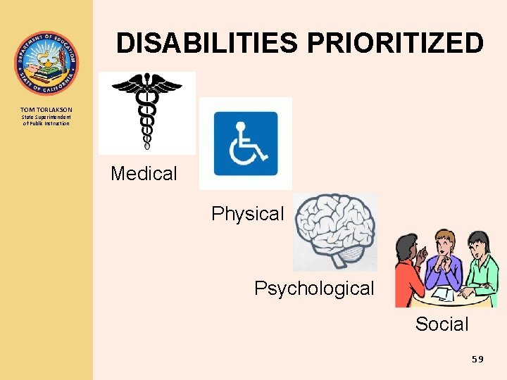 DISABILITIES PRIORITIZED TOM TORLAKSON State Superintendent of Public Instruction Medical Physical Psychological Social 59