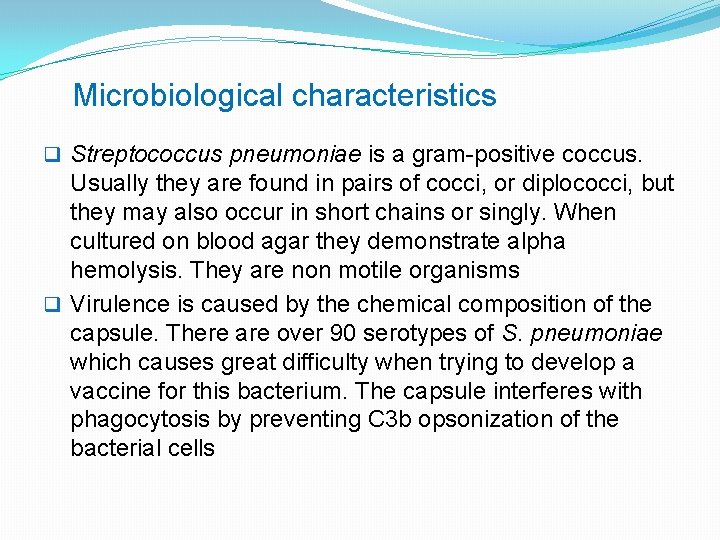 Microbiological characteristics q Streptococcus pneumoniae is a gram-positive coccus. Usually they are found in