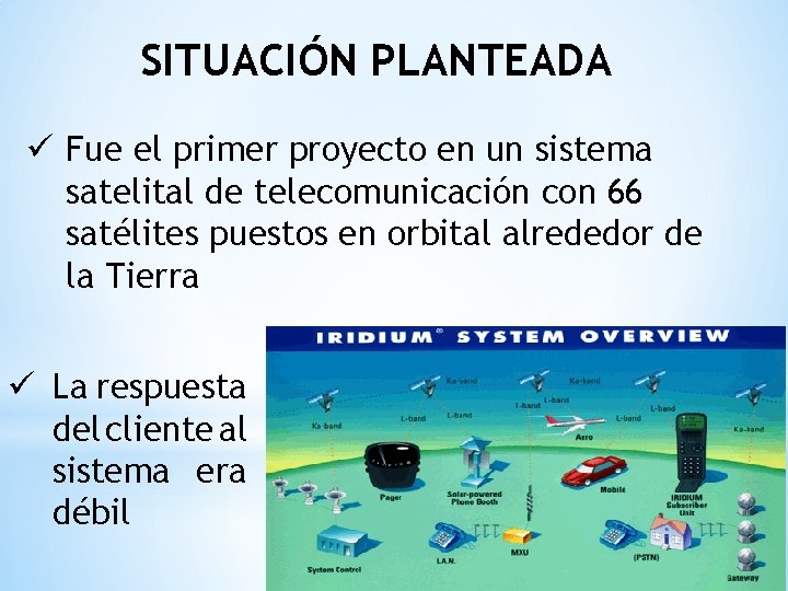 SITUACIÓN PLANTEADA ü Fue el primer proyecto en un sistema satelital de telecomunicación con