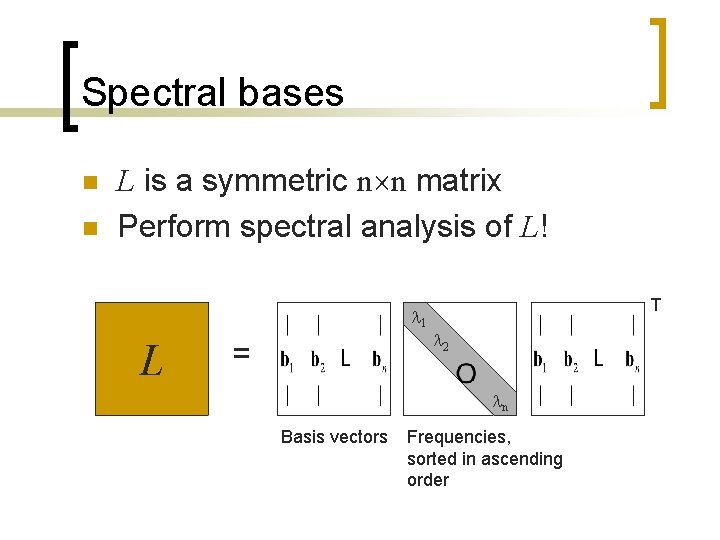 Spectral bases n n L is a symmetric n n matrix Perform spectral analysis