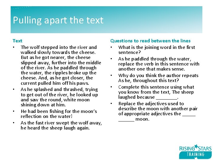 Pulling apart the text Text • The wolf stepped into the river and walked