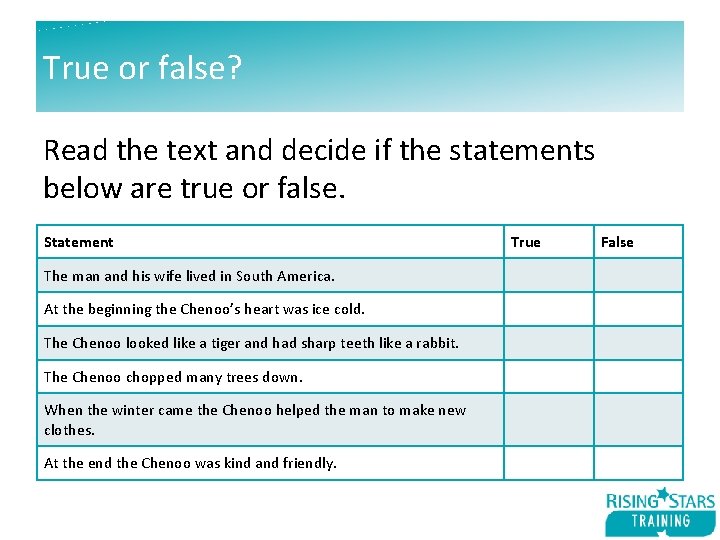 True or false? Read the text and decide if the statements below are true