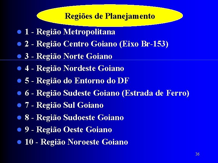 Regiões de Planejamento 1 - Região Metropolitana 2 - Região Centro Goiano (Eixo Br-153)