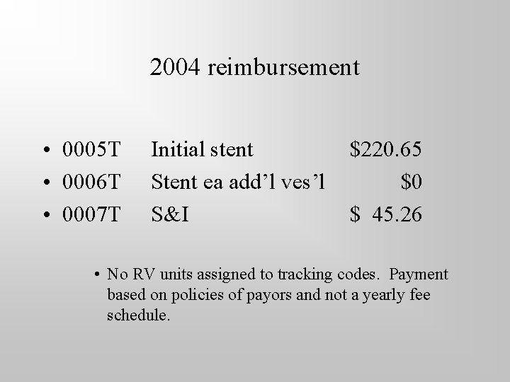 2004 reimbursement • 0005 T • 0006 T • 0007 T Initial stent Stent