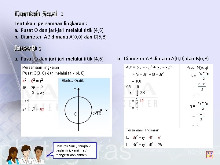 Contoh Soal : Tentukan persamaan lingkaran : a. Pusat O dan jari-jari melalui titik