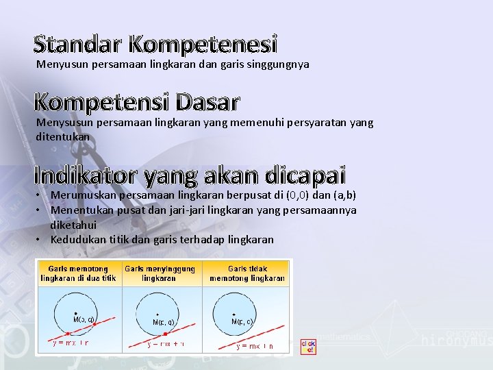 Standar Kompetenesi Menyusun persamaan lingkaran dan garis singgungnya Kompetensi Dasar Menysusun persamaan lingkaran yang