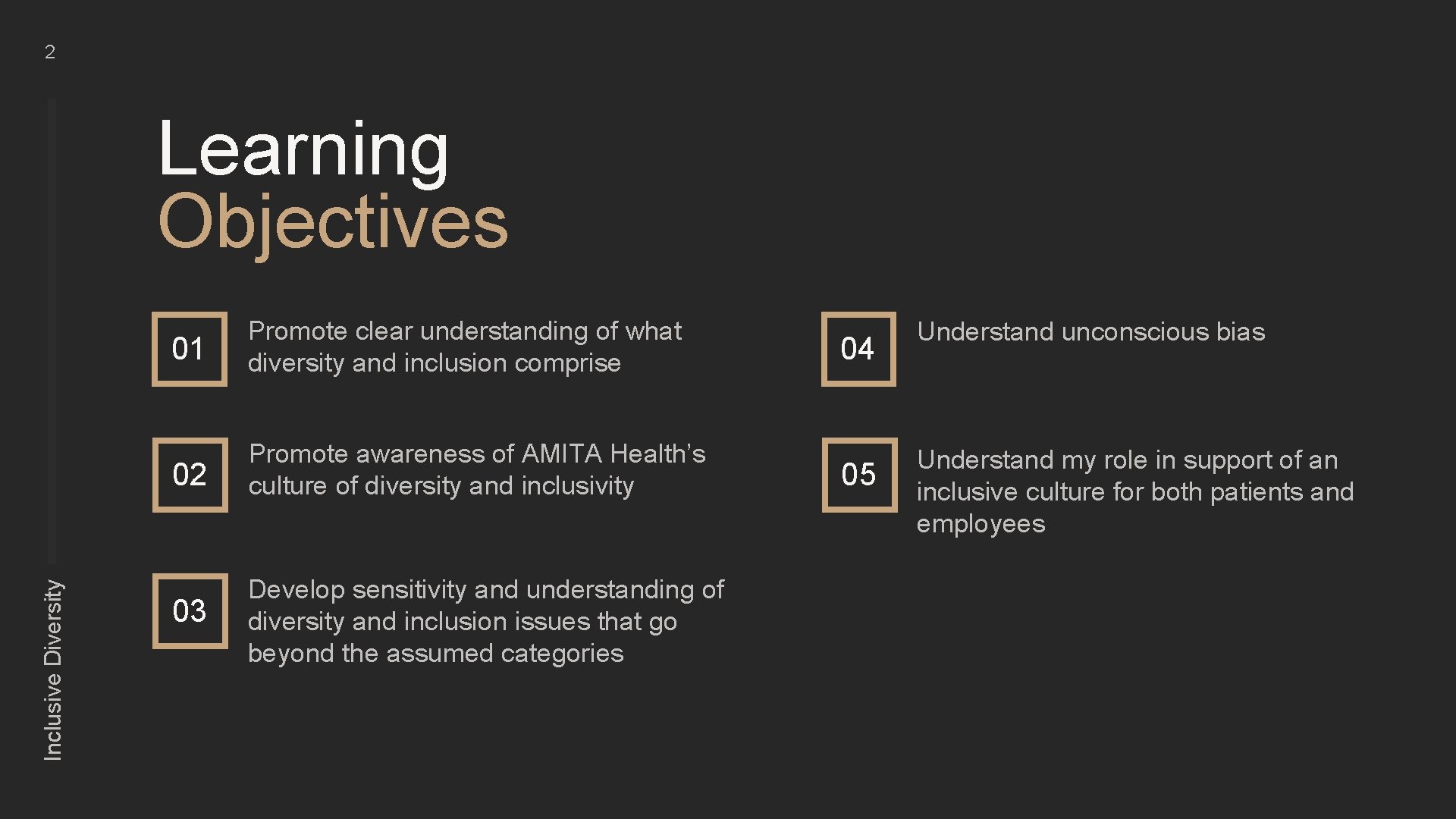 2 Inclusive Diversity Learning Objectives 01 Promote clear understanding of what diversity and inclusion