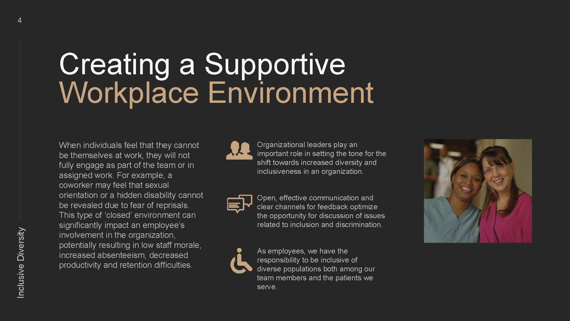 4 Inclusive Diversity Creating a Supportive Workplace Environment When individuals feel that they cannot