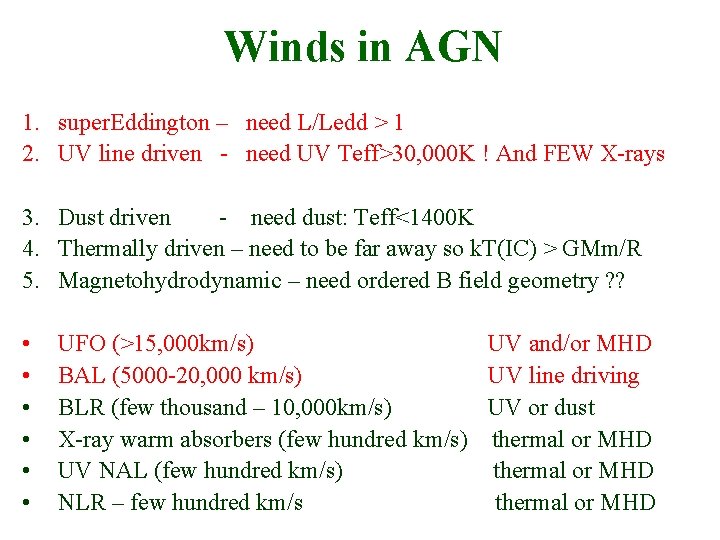 Winds in AGN 1. super. Eddington – need L/Ledd > 1 2. UV line