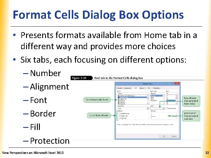 Format Cells Dialog Box Options XP • Presents formats available from Home tab in Format Cells Dialog Box Options XP • Presents formats available from Home tab in